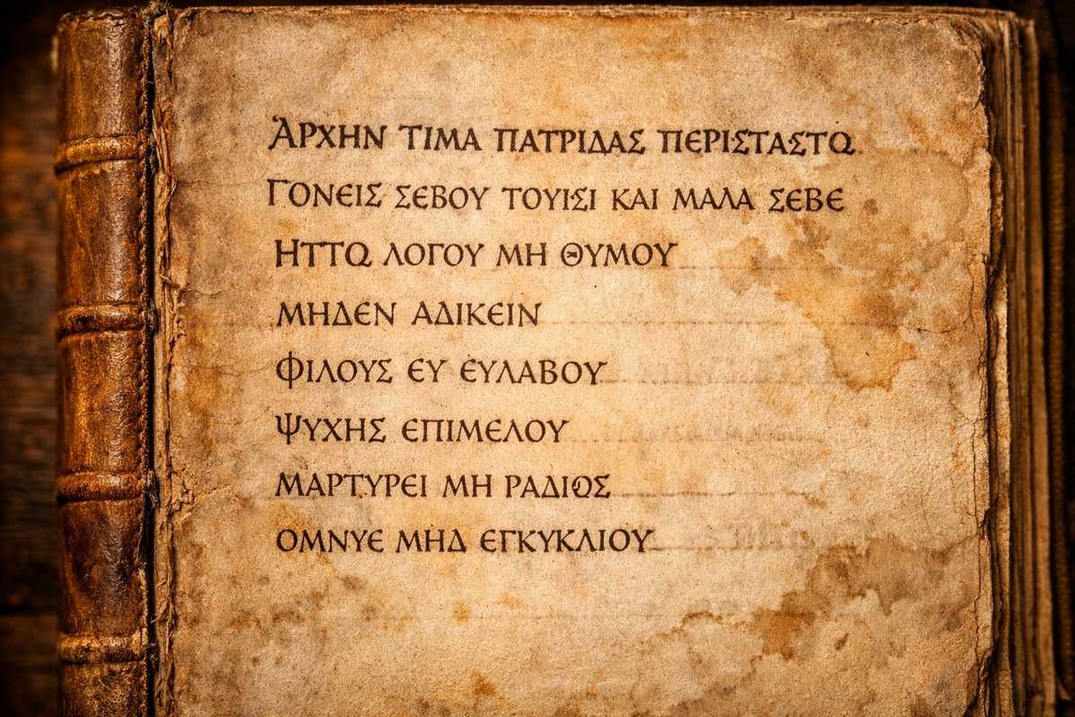 Ancient manuscript showing Pythagorean ethical sayings in Greek uncial script