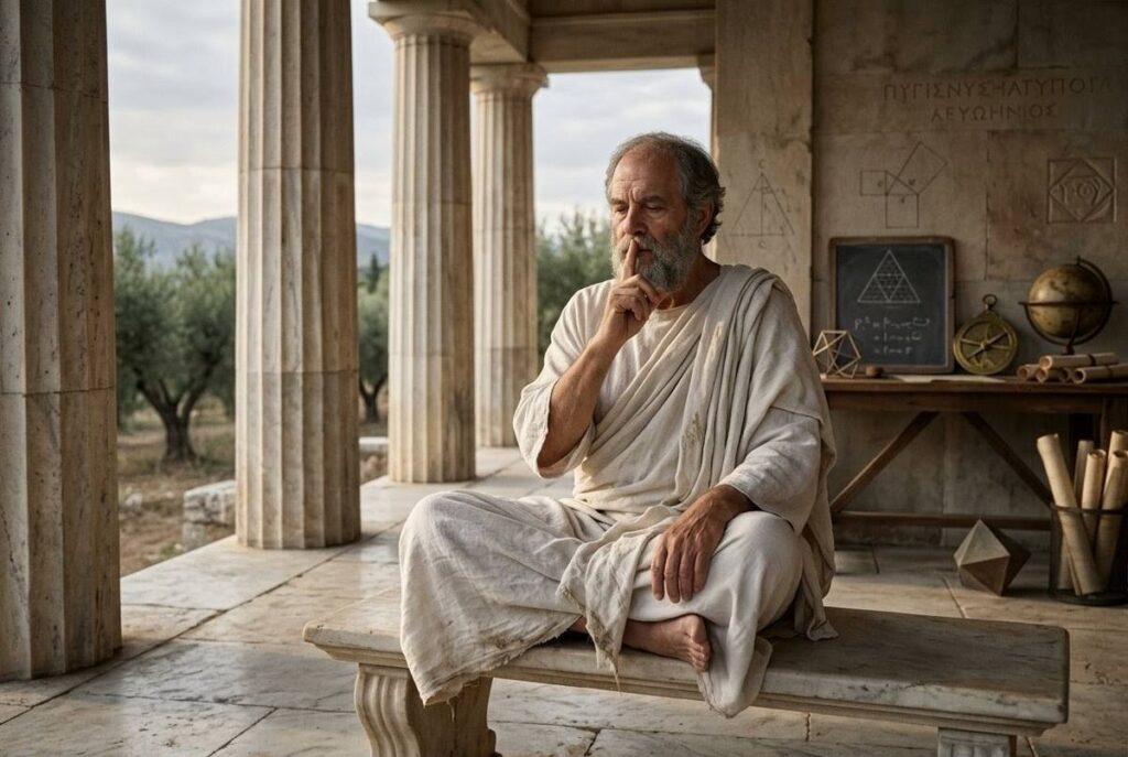 Ancient Greek philosopher in white robes meditating with finger to lips in the silence gesture with mathematical symbols