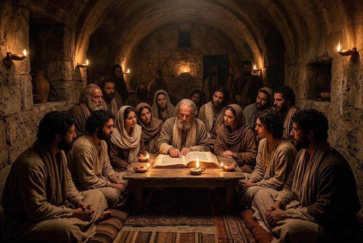 Ancient community gathered in dimly lit chamber reading from codex