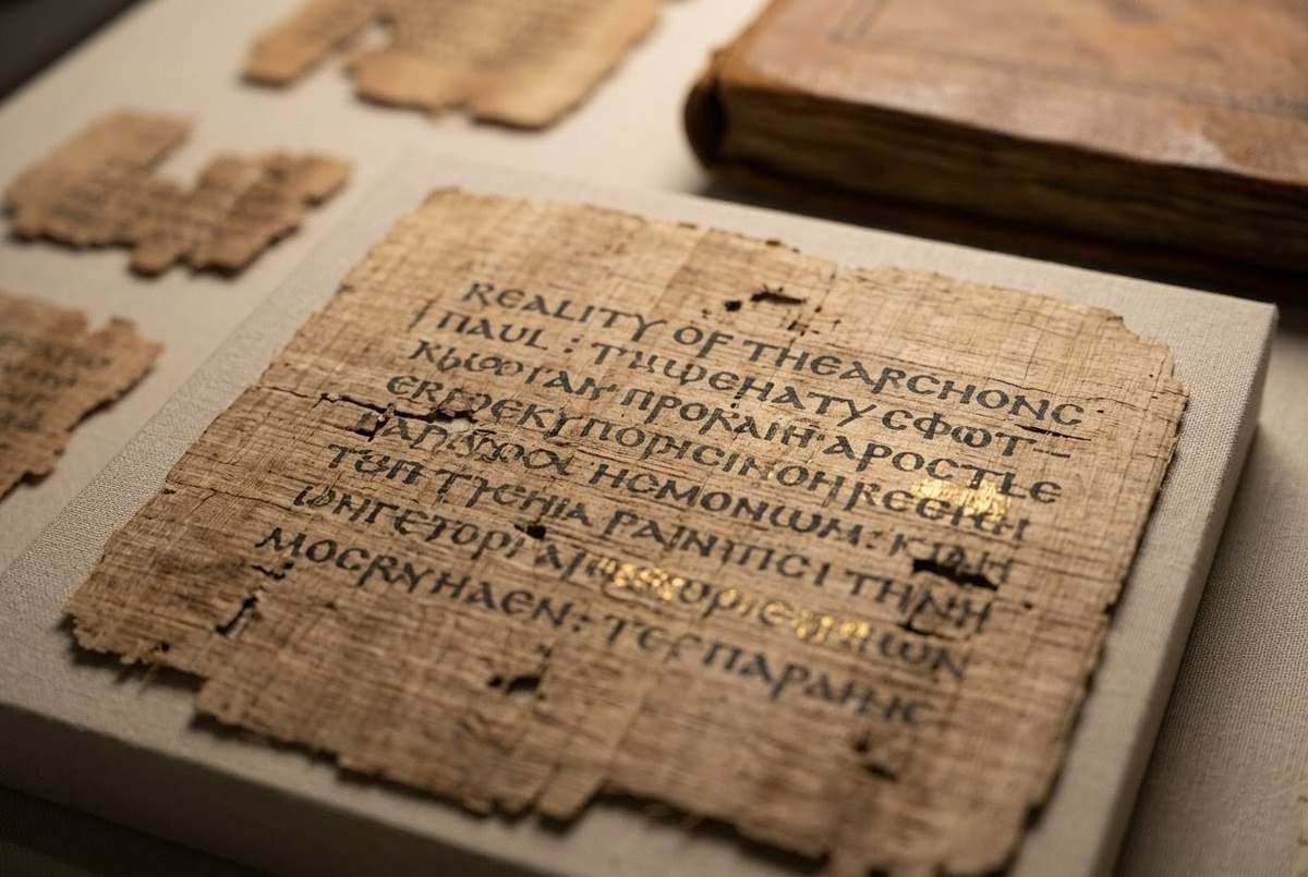 Ancient Coptic papyrus from Nag Hammadi Codex II showing the Reality of the Archons text