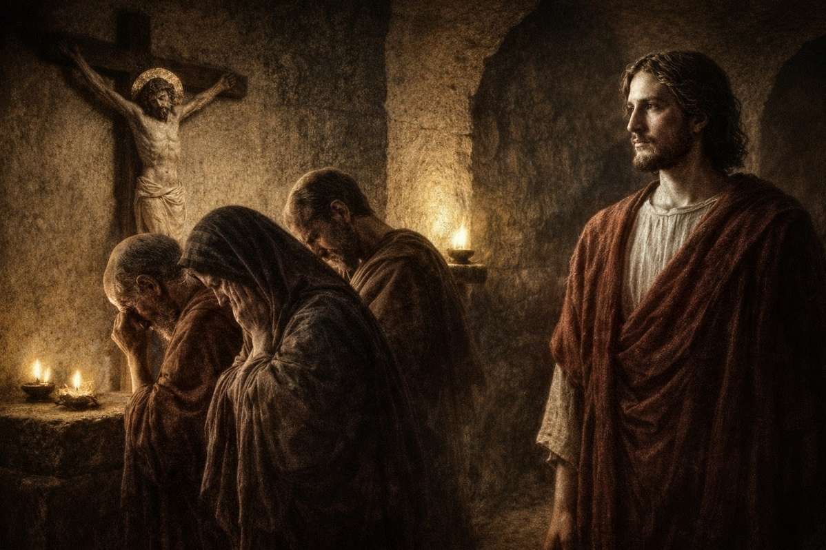 Ancient scene showing confrontation between spiritual knowledge and orthodox veneration of suffering