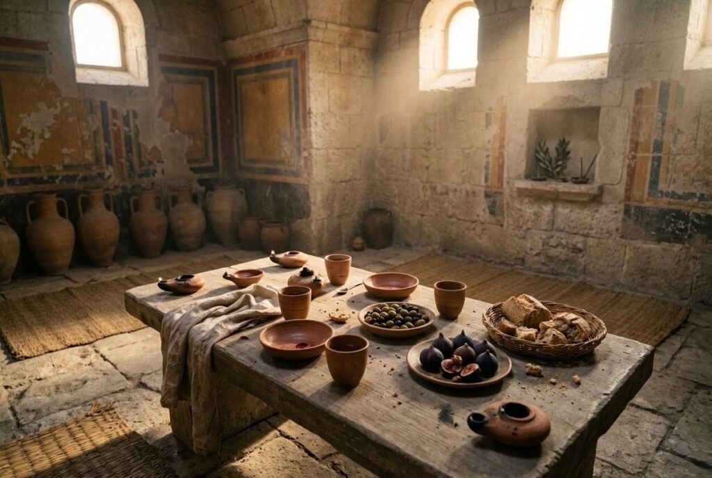 Ancient ritual community space in contemplative silence after eucharistic meal, with remnants of vegetarian food