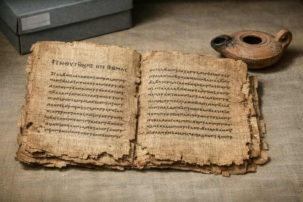 Ancient Coptic papyrus from Nag Hammadi Codex II showing Gospel of Thomas sayings