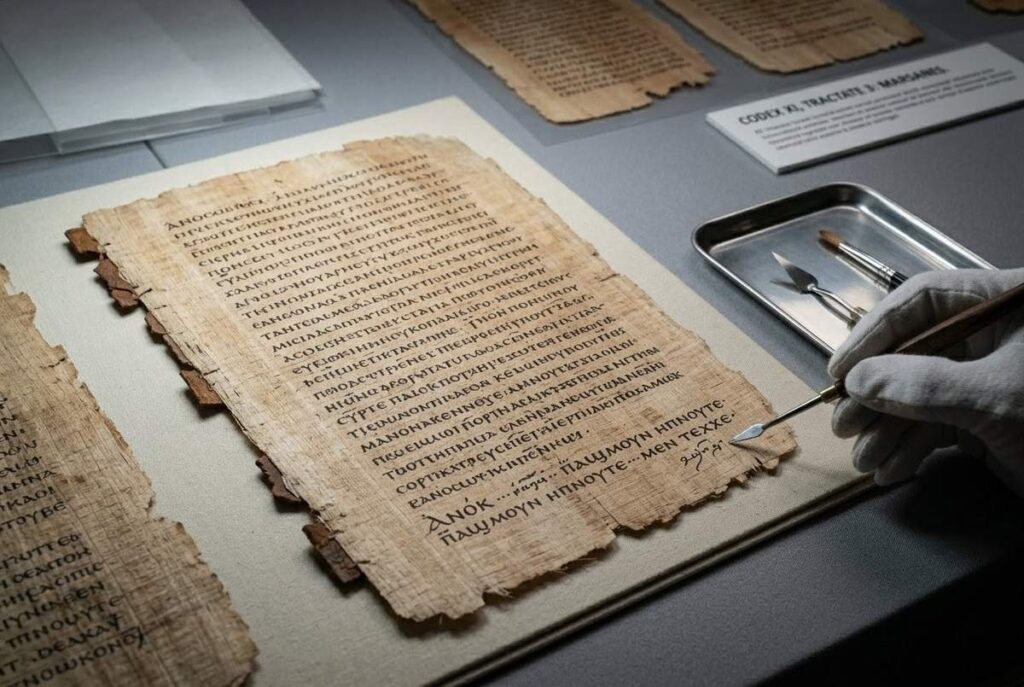 Ancient Coptic manuscript showing scribal colophon at the end with handwritten note in margin