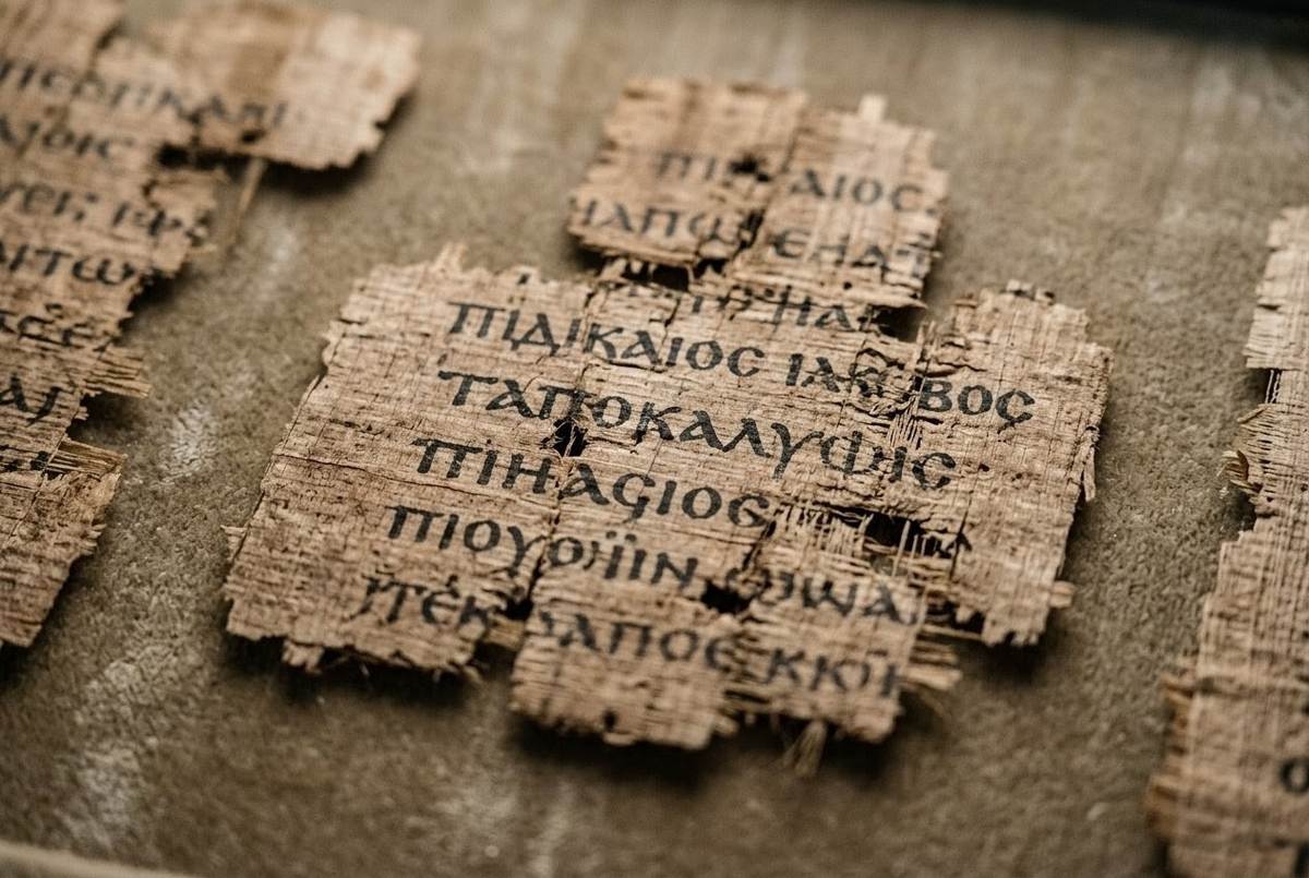 Ancient Coptic papyrus fragments from Nag Hammadi Codex V showing the Second Apocalypse of James text in museum lighting