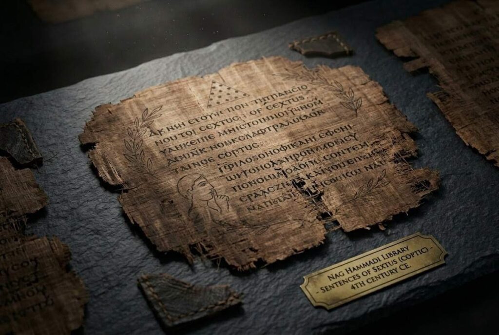 Ancient Coptic manuscript fragments showing the Sentences of Sextus text with Pythagorean symbols and philosophical imagery