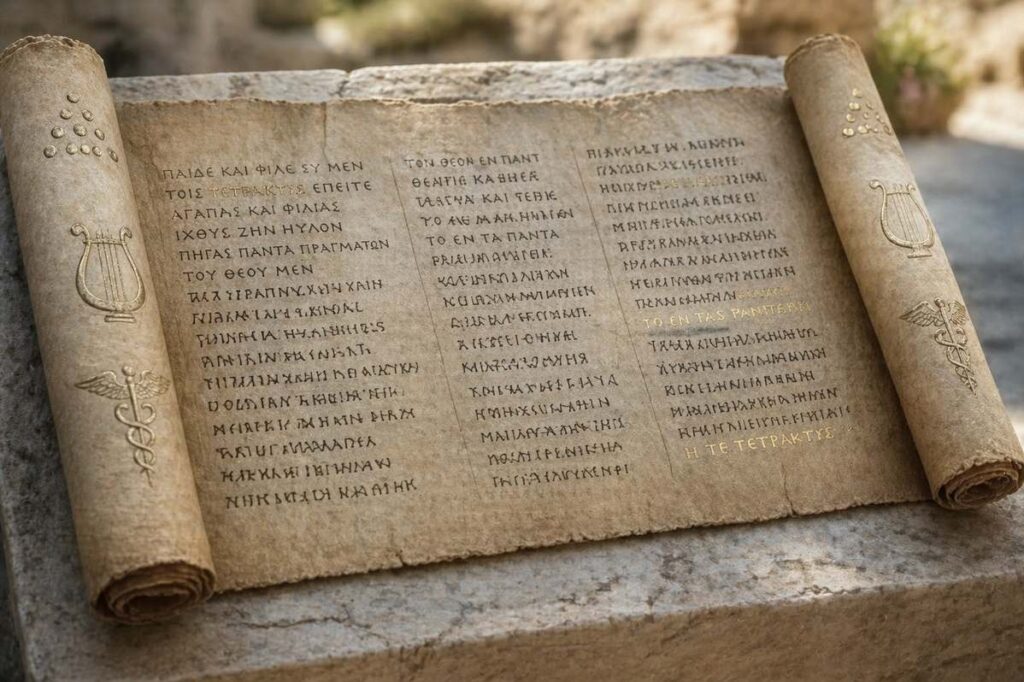 Ancient scroll with Pythagorean symbols and Coptic ethical maxims