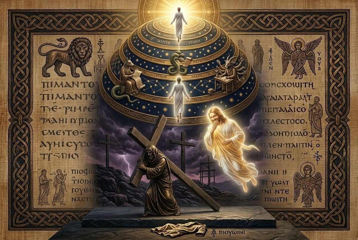 Ancient-style depiction of Sethian ascent through planetary spheres toward the Pleroma with archonic gates