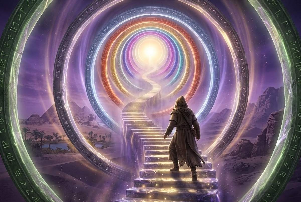 Visionary ascent through celestial spheres representing the Sethian journey