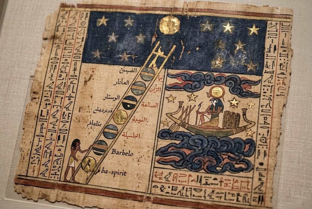 Ancient cosmological diagram showing planetary spheres and luminous divine realm above