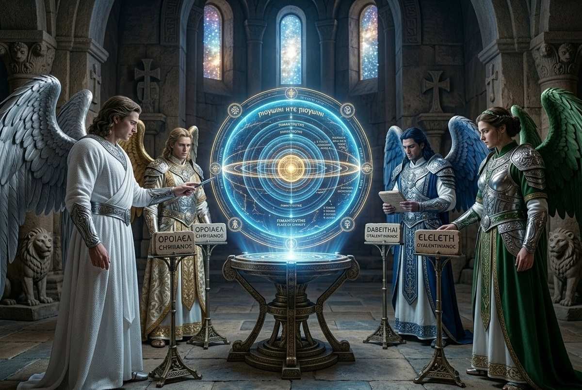 Four angelic beings as military commanders around a holographic map showing the thirteen Aeons