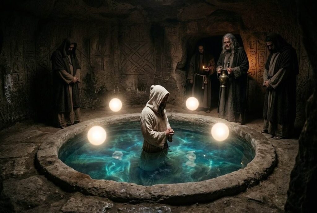 Ancient Sethian initiation ritual showing baptism in the luminous waters of the Four Luminaries from the Apocryphon of John