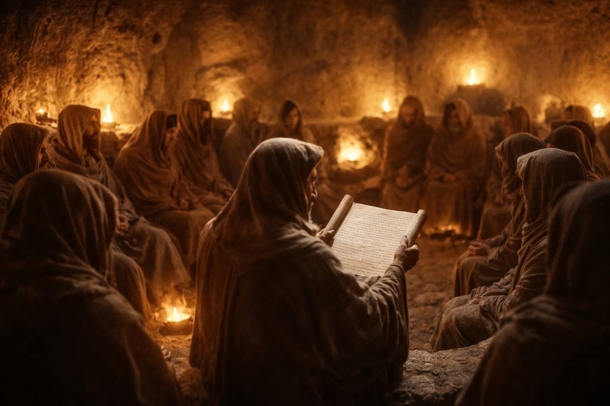 Ancient Egyptian gathering of robed figures in a torch-lit cave sanctuary, representing communal Sethian liturgical practice