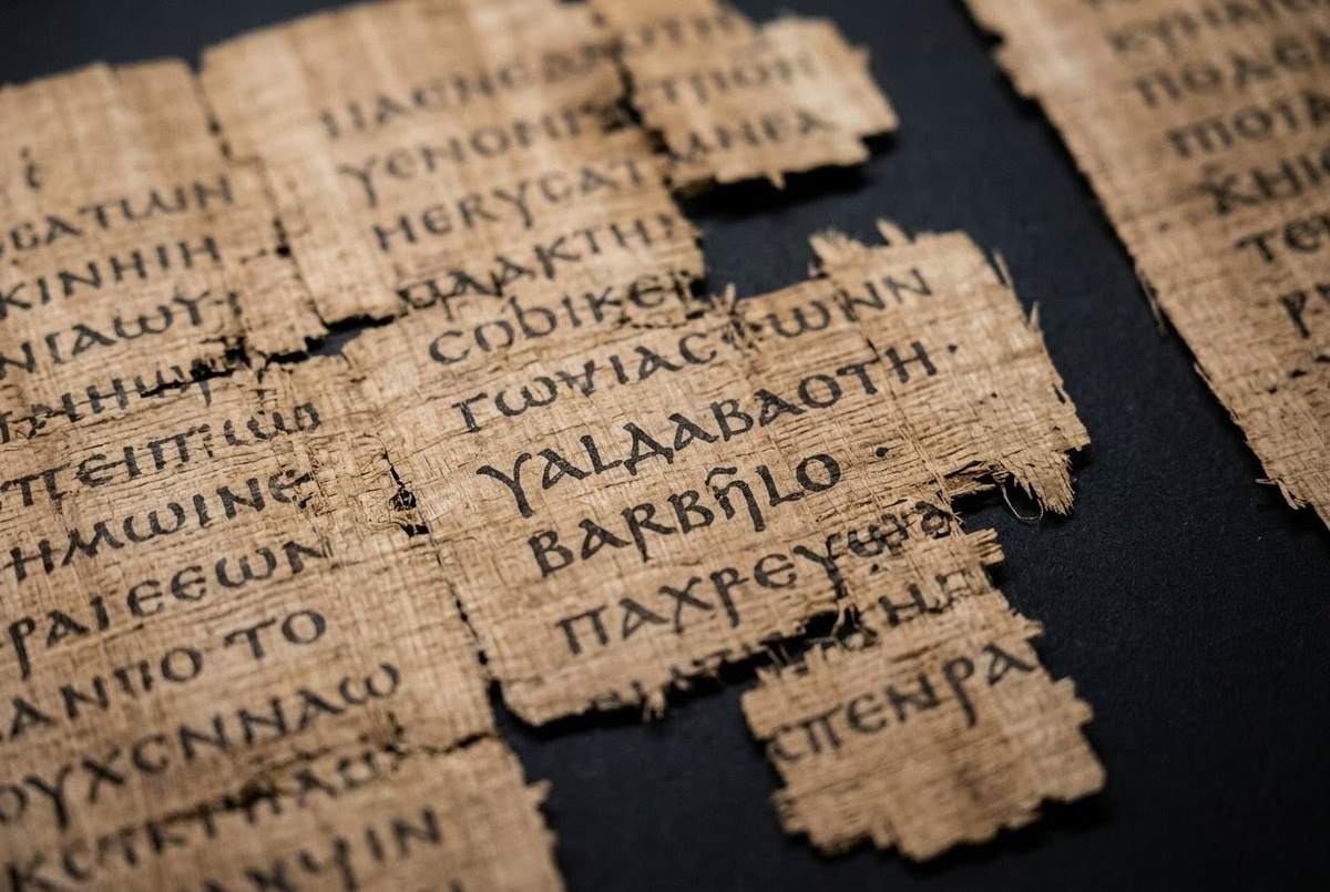 Ancient Coptic papyrus fragments from Nag Hammadi showing Sethian tractate text