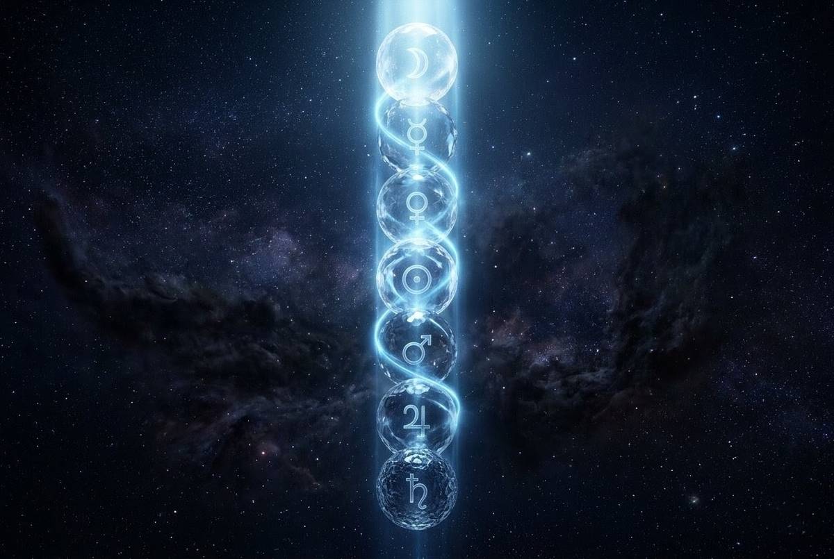 Seven concentric crystalline spheres representing the planetary archons with a column of ascending light