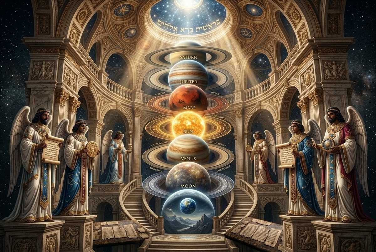 Ancient mystical depiction of seven concentric celestial spheres with angelic gatekeepers at each threshold
