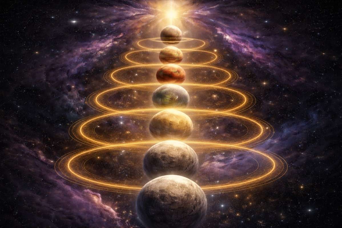 Cosmic spheres ascending through starfield representing the planetary archons