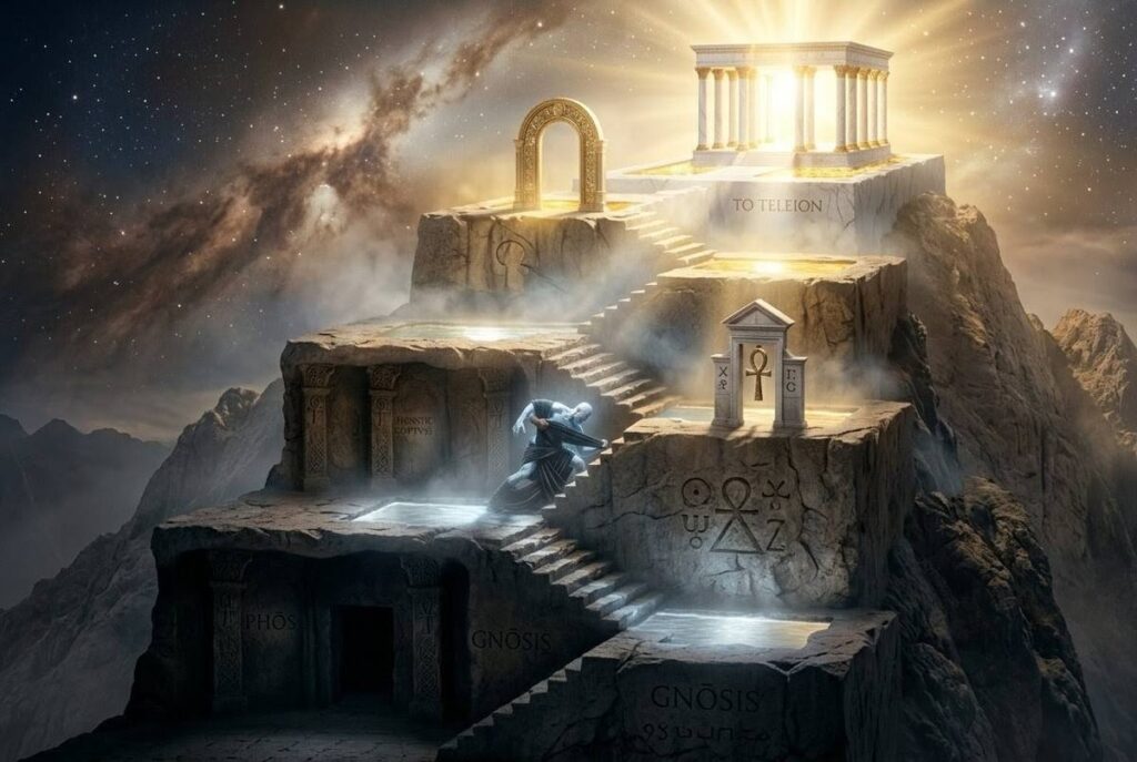 Seven ascending stone platforms representing the seven stages of spiritual development from faith to perfection in Thomasine theology