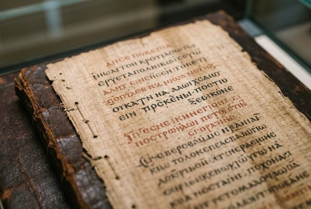 Ancient Coptic manuscript page showing The Teachings of Silvanus with Stoic philosophical annotations and distinctive imagery