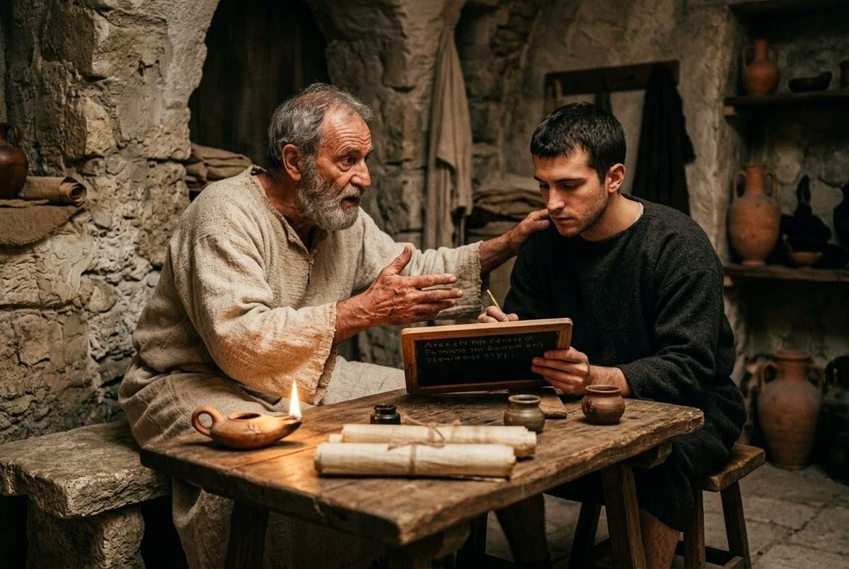Ancient Mediterranean father teaching son with scrolls in stone chamber representing the pedagogical tradition of Silvanus