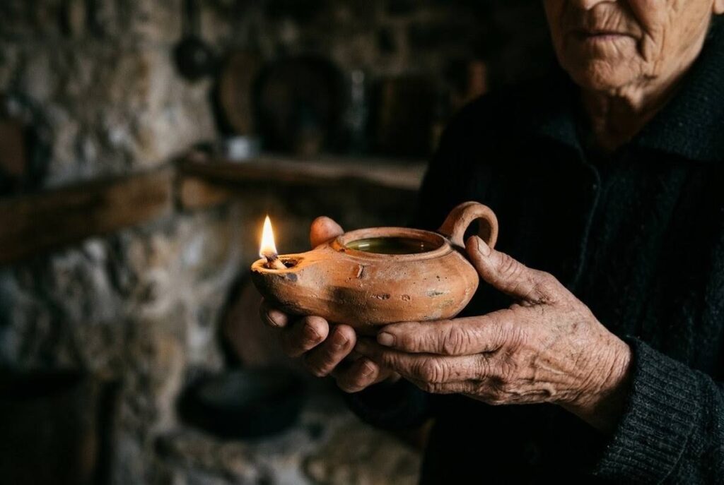 Ancient oil lamp flame representing the nous or divine mind in the heart that must be tended like a flame in wind