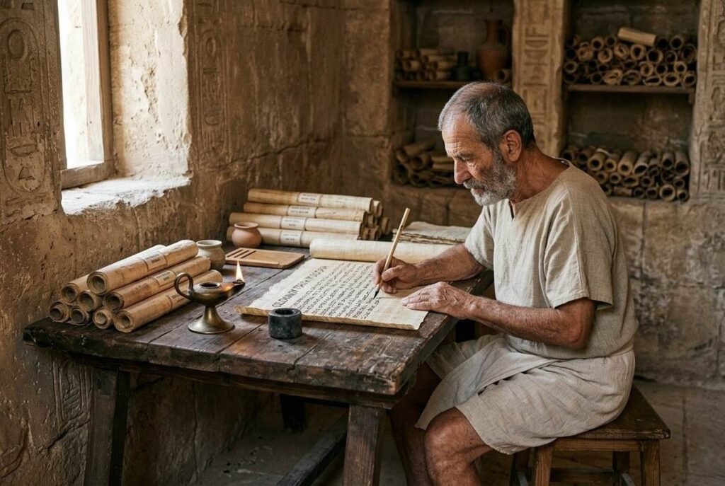 Ancient Mediterranean study scene with scrolls and oil lamp representing philosophical practice and ethical self-governance