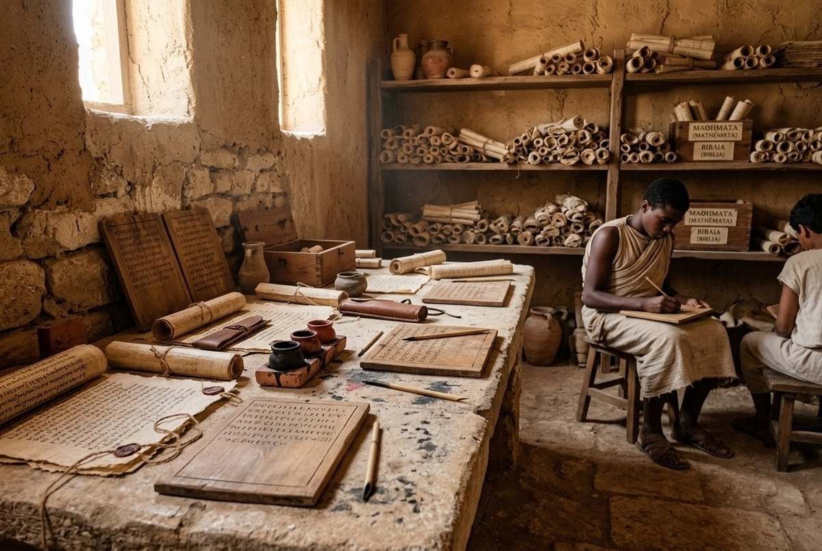 Ancient Egyptian scribal workshop with papyrus scrolls and writing implements