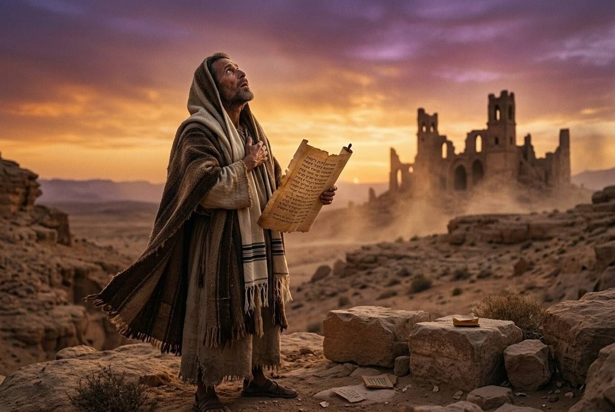 Solitary contemplative figure in traditional attire standing in barren desert landscape at twilight looking upward