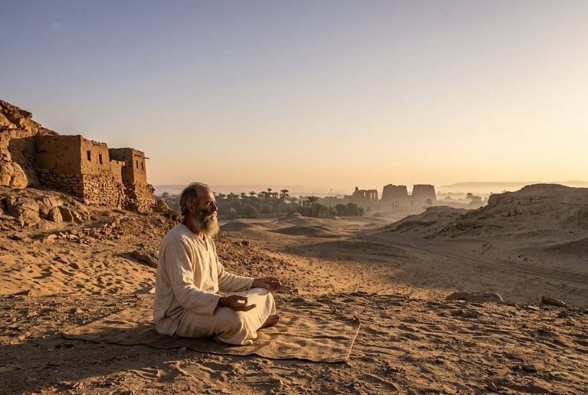 Solitary contemplative figure in desert landscape representing Sethian spirituality