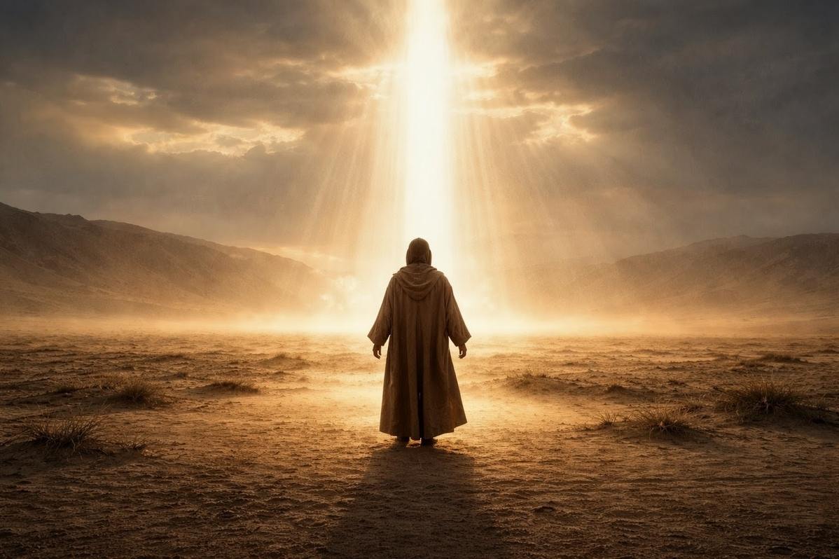 Solitary contemplative figure standing in luminous divine light