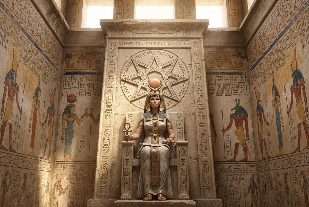 Ancient Egyptian temple scene depicting divine feminine figure as source of wisdom