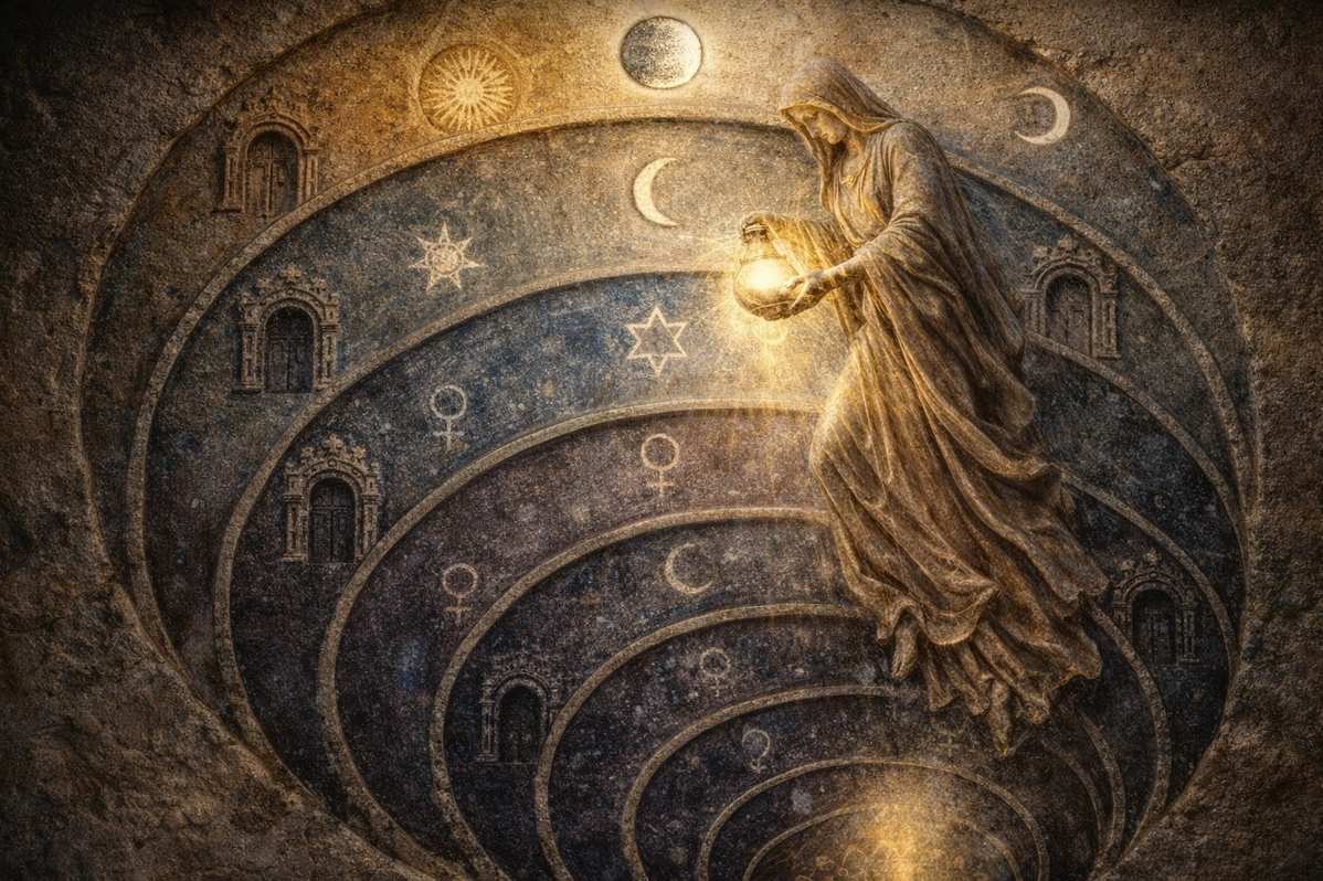 Ancient artistic representation of Sophia descending through celestial spheres to illuminate humanity