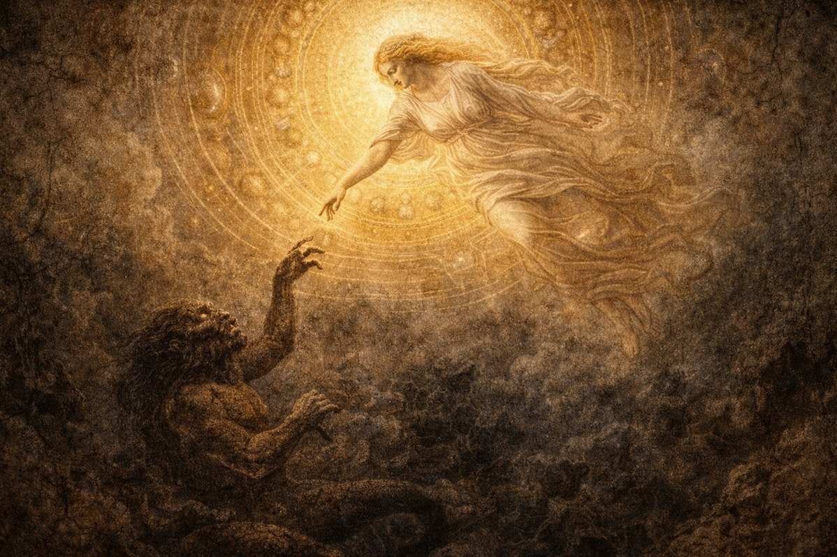 Ancient artistic representation of Sophia falling from the divine realm and creating the demiurge