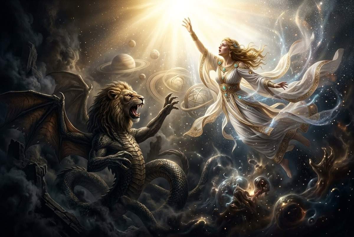 Ancient depiction of Sophia falling and Yaldabaoth being born from her error