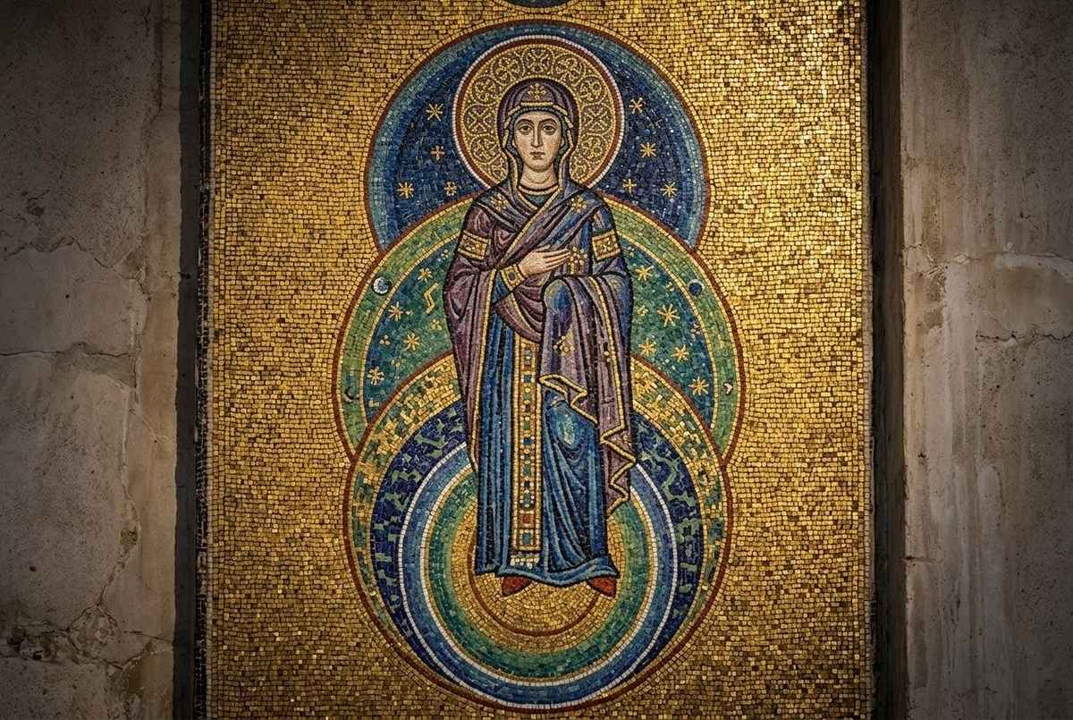 Byzantine mosaic showing Sophia Wisdom descending through planetary spheres