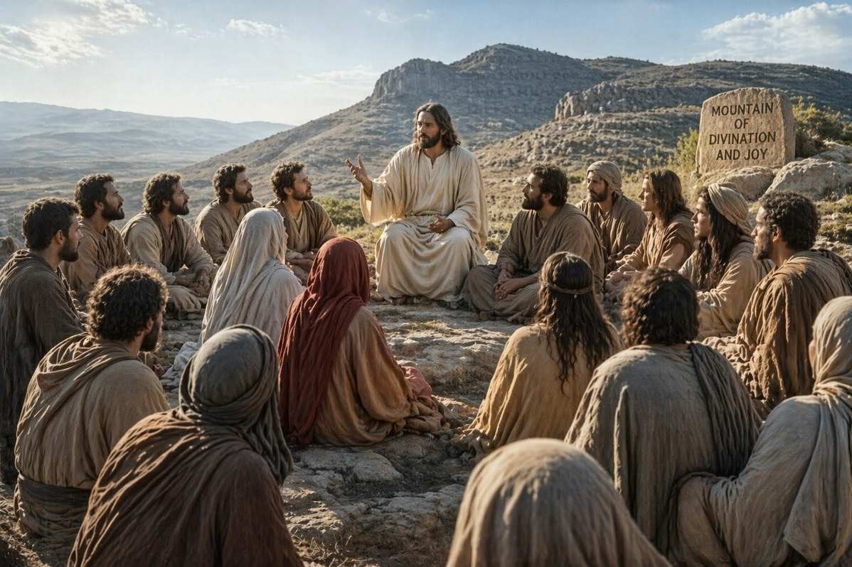 Ancient depiction of the risen Jesus teaching disciples including Mary Magdalene on a mountain