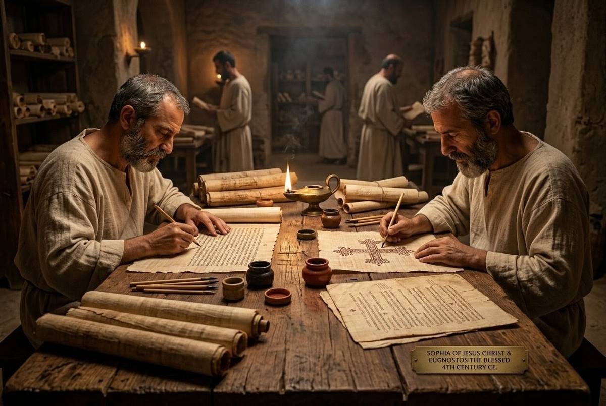 Artistic reconstruction of Jesus teaching disciples Matthew Philip Thomas and Bartholomew about cosmic mysteries
