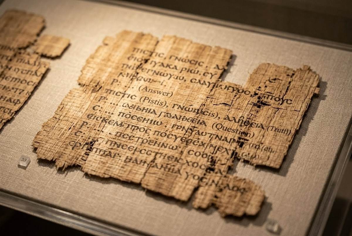 Ancient Coptic papyrus representing the Sophia of Jesus Christ, a Nag Hammadi text preserved in Codex III and the Berlin Gnostic Codex