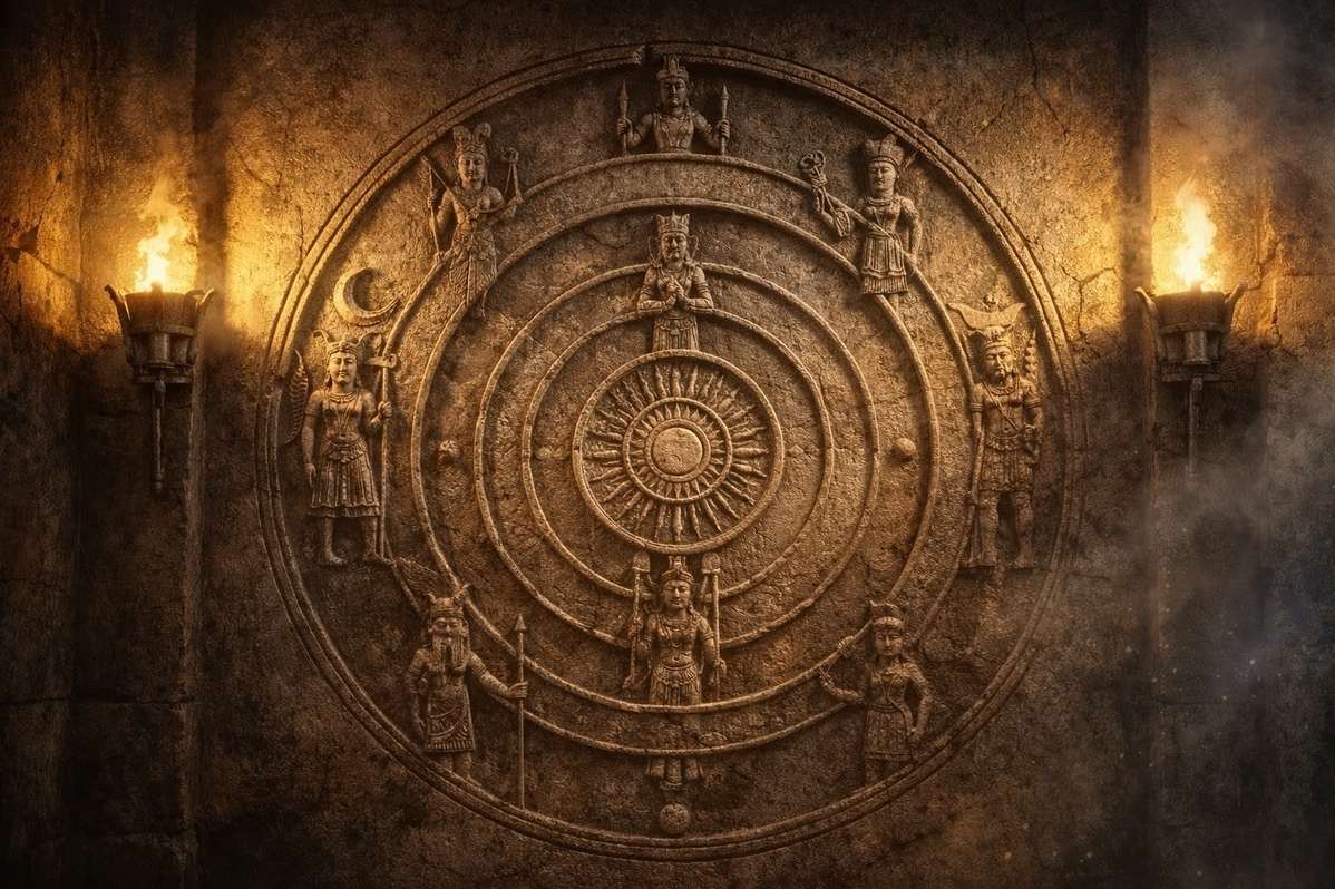 Ancient celestial diagram showing planetary spheres with guardian figures at each level