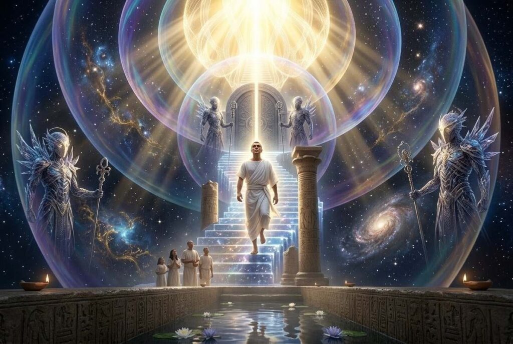 Soul ascending through celestial spheres past planetary guardians, with bridal chamber of light at the top of the ascent
