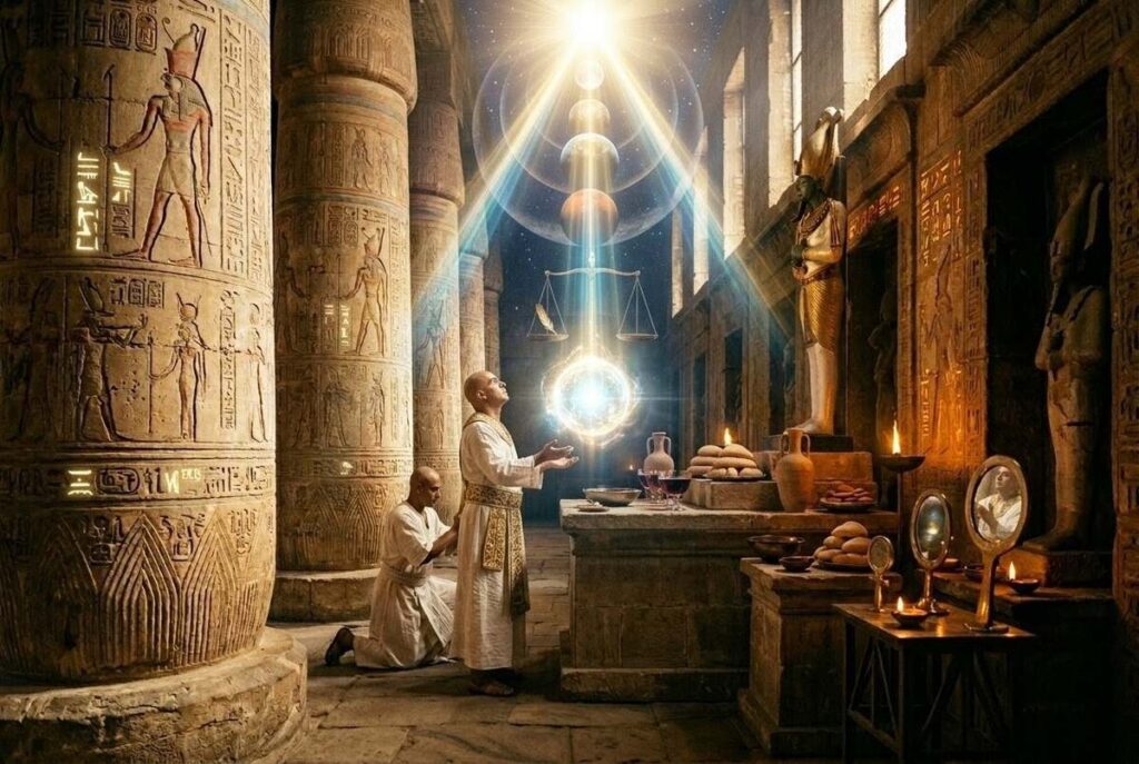 Ancient Egyptian soul ascent imagery with feather of truth and scales, combined with cosmic spheres and light beams