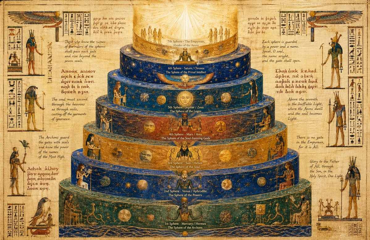 Ancient Egyptian cosmological papyrus showing soul ascent through seven planetary spheres and archontic guardians