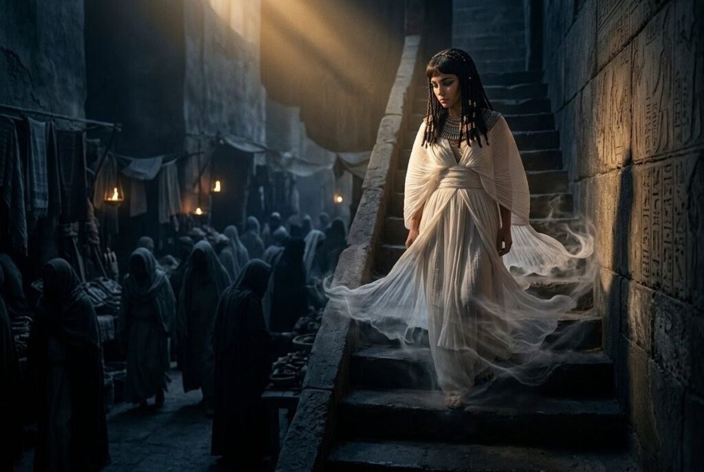 Ancient Egyptian noble woman in white linen descending into dark foreign marketplace, losing garments, surrounded by shadowy figures representing archons