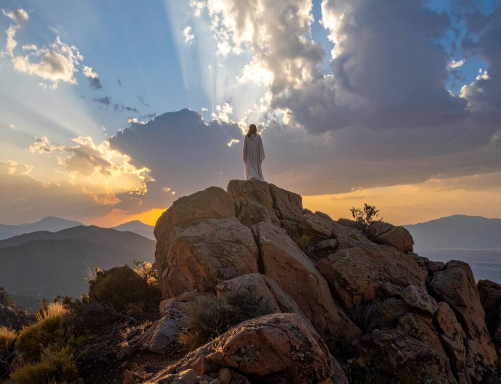 Ethereal golden hour landscape with solitary figure facing luminous sky representing the soul's return to divine light