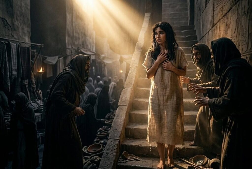 Noblewoman in ancient Egyptian style stripped of outer garments, standing vulnerable in darkened foreign market, representing soul's loss of spiritual protections