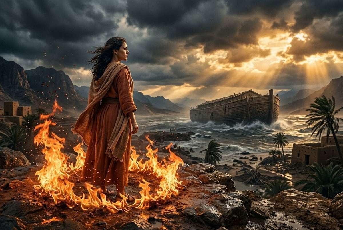 Powerful feminine figure standing amid flames with ancient Near Eastern storm landscape