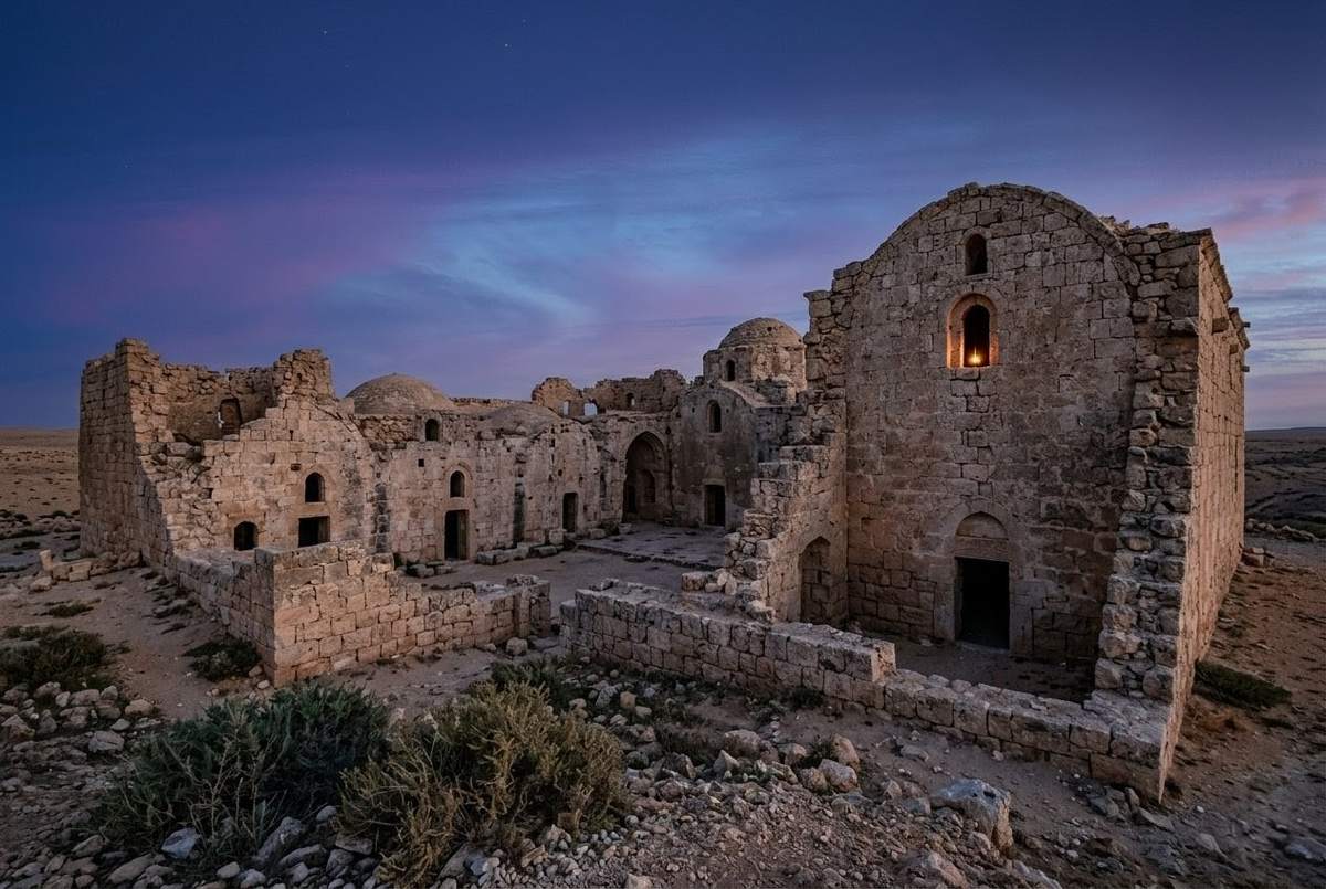 Weathered stone monastery ruins in Syrian desert near Edessa at twilight