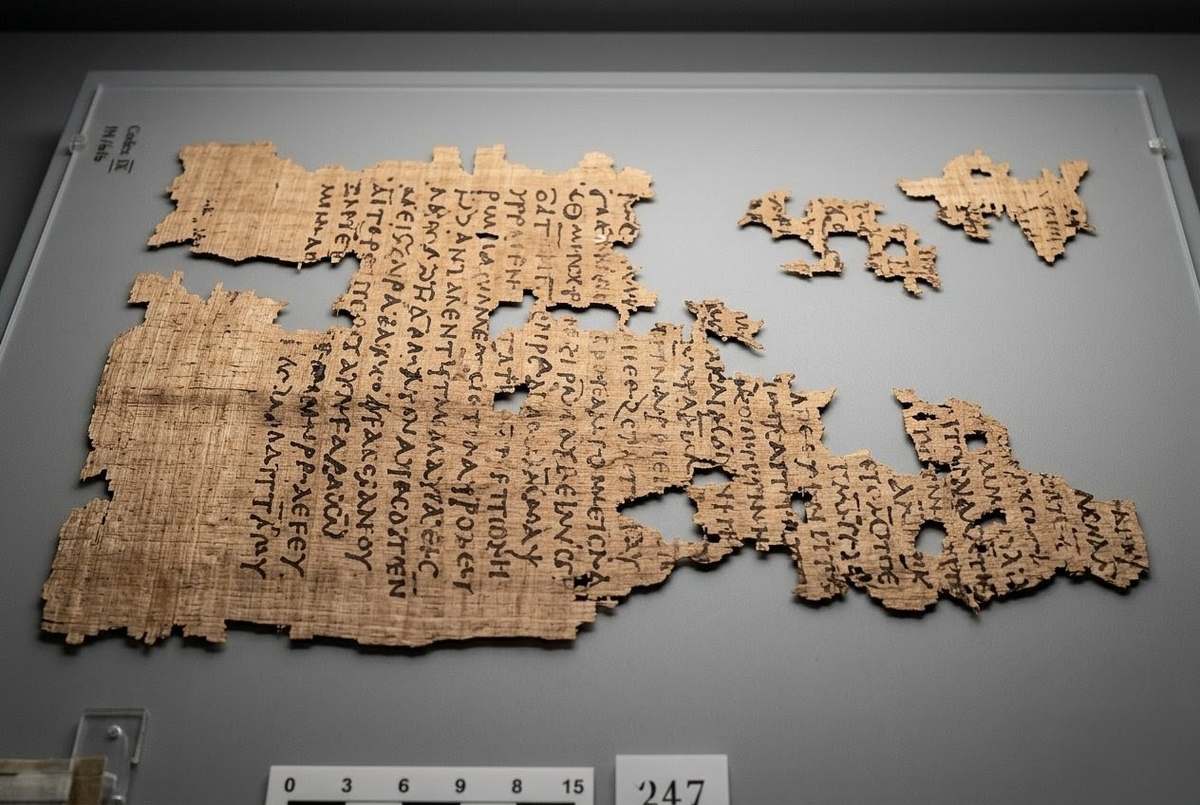 Damaged Coptic papyrus fragments from Nag Hammadi Codex IX showing the Testimony of Truth text