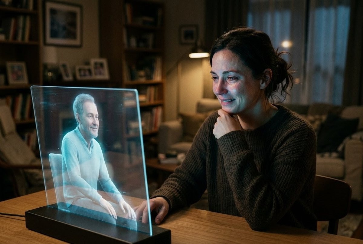 Person interacting with holographic AI avatar of deceased loved one