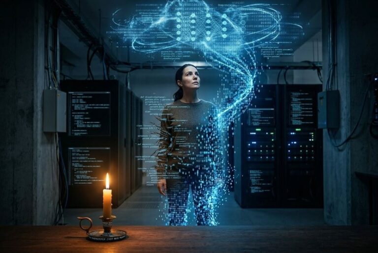 Human silhouette dissolving into pixels and binary code representing commodification of soul traces